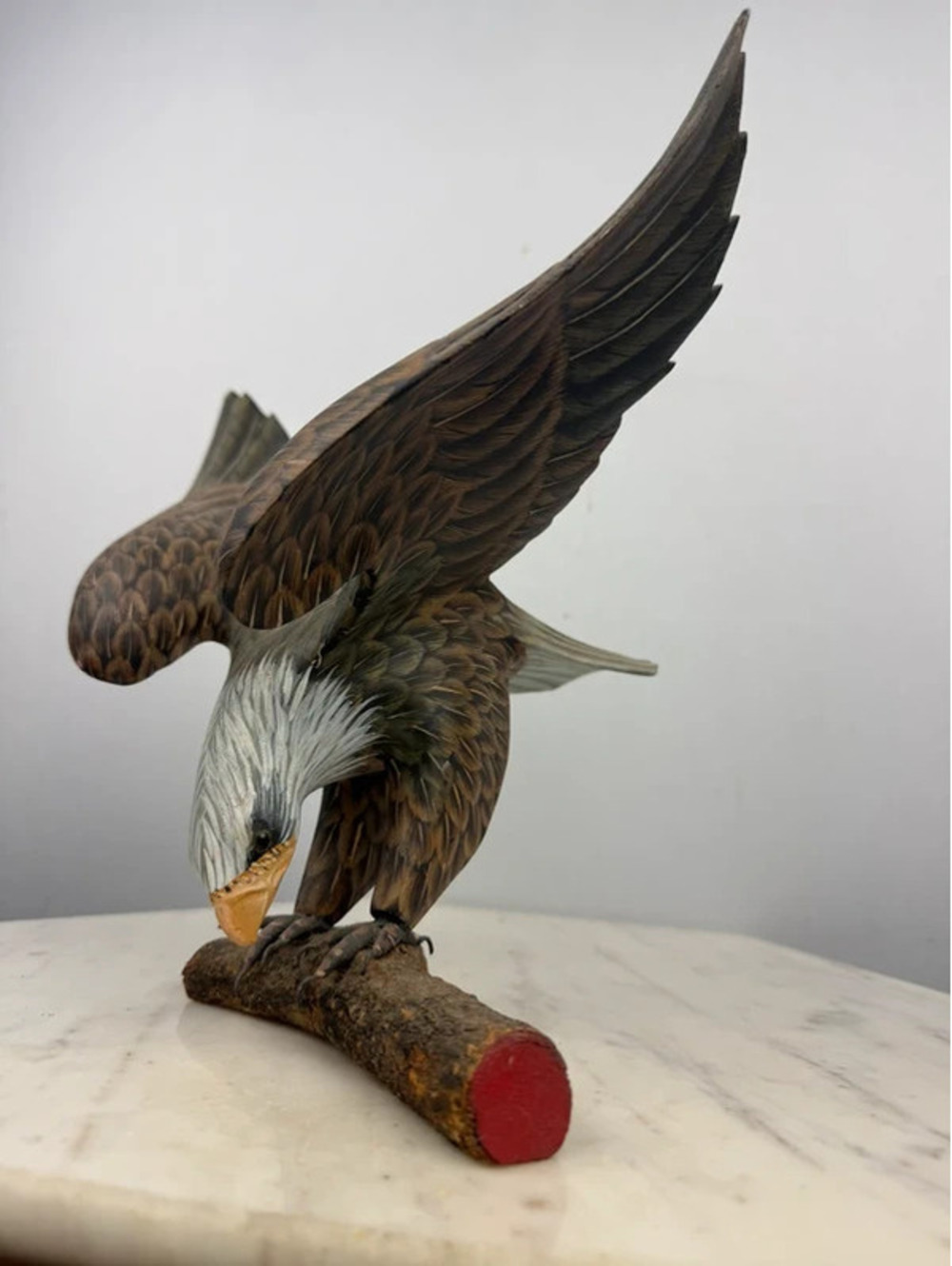 Vintage Hand-Carved Bald Eagle Figurine on Branch – Wings Spread